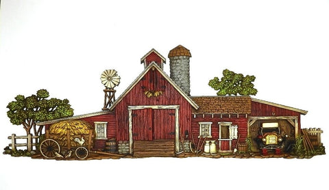 Vintage Country Red Barn Farm House Animals Chickens Cow Wall Hanging Folk Art Country Decor Burwood MCMLXXIV 1974 Molded Plastic Resin Composite Antique Cars 