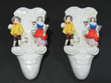 Antique Vintage Wall Pocket Vase Ceramic Porcelain Pair Japan Hand Painted Multi Color Dutch Girl Boy Figurine Figural Design Kitchen Decor Vases Art Pottery 