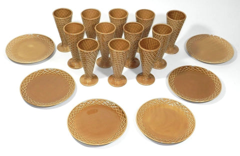 Vintage Betty Utley Waffle Sugar Cone Glass Cup Plate Ice Cream Shop Parlor Glasses Dessert Plates Brown 1970's Art Deco Collectable Kitchenware Home Bar Decor 