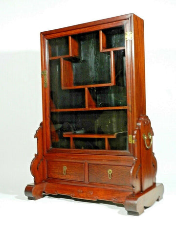 Antique Chinese Rosewood Curio Display Cabinet Tabletop design Glass Front Door With Two Pull-Out Drawers Hand Carved Wood Base Brass Carry Handles Vintage Chinese Asian Rose Wood Snuff Bottle Display Shelf Hand Carved Rosewood Curio Cabinet Tabletop Display Antique Asian Snuff Bottles Chinese Snuff Bottles Collection 