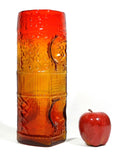 Rare Vintage Blenko Art Glass Vase By Joel Myers Pattern Number 6949 Amberina Blenko Thick Heavy Glass Vase Pressed Glass Circles Design With Ribbed Textured Pattern Year 1960 - 1969 Mid Century Modern Design Collectable Art Glass Vase Color Amberina Style Number 6949 Rectangular Shape 12 3/4 Inches Tall Home Decor 