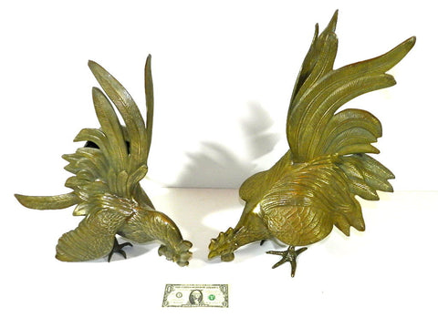 Pair Antique Vintage Fighting Roosters Cocks Cock Brass Bronze Gold Gilded Style Rooster Fighting Stance Statue Figurine Americana Country Home Decor Man Cave 