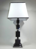 Mid Century Modern Contemporary Table Lamps Lights White Lamp Shade 3-Way Light Switch Stacked Cube Architectural Design four Black Marble Columns Chrome Office