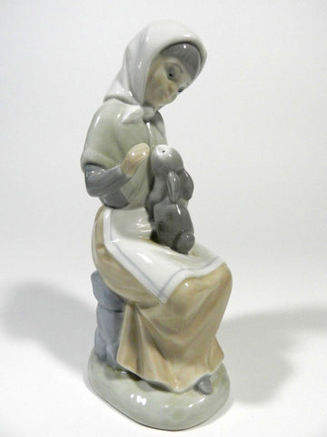 Vintage Zaphir Figurine Spain Model 522 G/M Year 1982 Hand Painted Glazed Porcelain Girl Sitting On Rocks Holding Gray Rabbit Collector Figurines Collection 