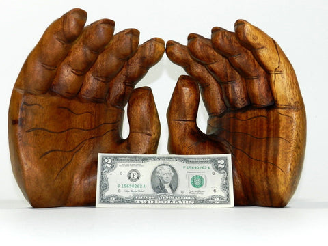 Antique Vintage Indonesia Carved Wood Hands Buddha Sculpture Statue Figural Pair Large Wooden Right Left Hand Elongated Fingers Psychic Palm Reader Hindu Gods