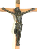 Vintage Antique Signed Wood Crucifix Cross Bronze Jesus Christ INRI Plate West Germany Natural Color Bent Wood Design Religion Religious Church Folk Arts Craft 