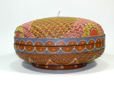 Woven Round Basket With Lid Hand Painted Red White Blue Pink Yellow Brown Country Cabin Home Lodge Decor Sewing Notions Crafting Indian Baskets Island Theme 