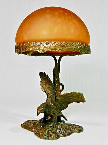 Antique Solid Bronze Eagle Lamp Circa 1920-1935 Made In Germany By Schmidt-Kestner Bronze Sculptured Eagle Table Lamp On Tree Base Which Forms A Leaf Etched Frame That Holds The Original Opalescent Golden Glass Dome Lamp Shade Bronze Eagle Desk Lamp Desk Light Eagle Sculpture By Erich Schmidt Kestner - German 1877-1941