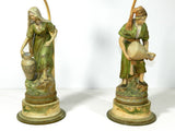 Antique Vintage Peasant Moreau French Figural Spelter Cold Painted Lamp Man Women Light Pair Single Light Hand Painted Lights Boudoir Figurine Water Vessel 