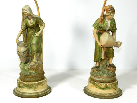 Antique Vintage Peasant Moreau French Figural Spelter Cold Painted Lamp Man Women Light Pair Single Light Hand Painted Lights Boudoir Figurine Water Vessel 
