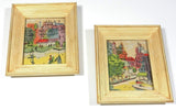 Vintage French City Street Scene Picture Pair Signed Amoroso 1950's Original Silk Screen Watercolor Print Wood Frame Glass Pop Art Era Limited Edition Painting 