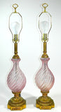 Pale Pink Murano Glass Lamp Light Pair Silver Foil Fleck Italian Venetian Art Glass Italy Vintage Antique Circa 1950's Swank Lighting Controlled Bubbles Gold 