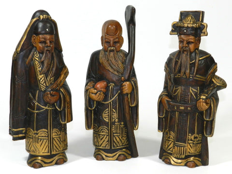 Chinese Wise Man Hand Carved Wood Wooden Asian Men Statue Figure Walking Stick Fuk Luk Sau Prosperity Wealth Fortune Power Authority Success Longevity Health 