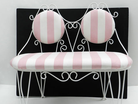 Vintage Wrought Iron Double Bench Seat Antique Ice Cream Parlor Chair Ornate White Metal Frame Pink White Stripe Fabric Cushion Victorian Chairs Patio Furniture
